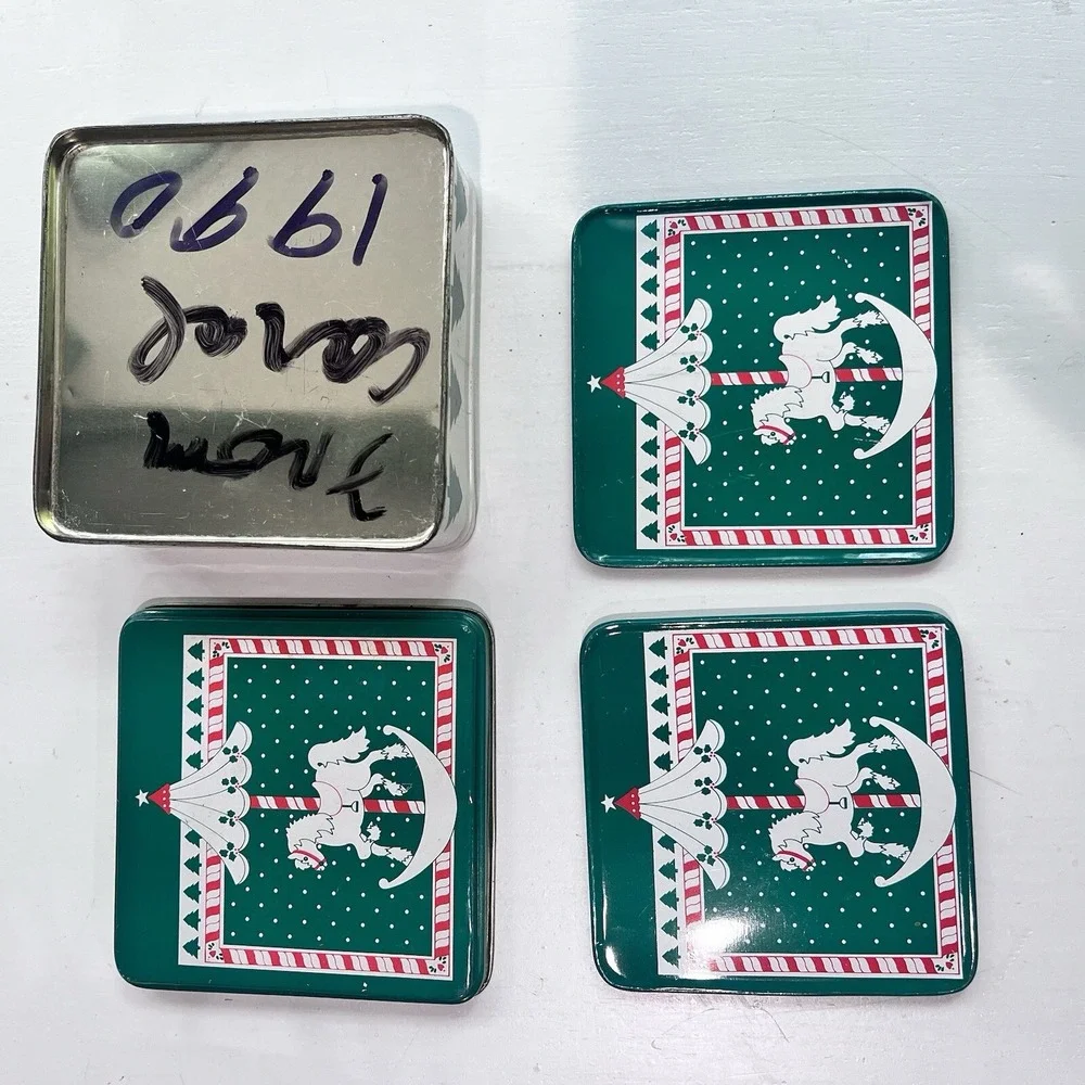 1990 Tin Vintage Coasters Set Of 6 Christmas Cork‎ Back Marry Go Around Green